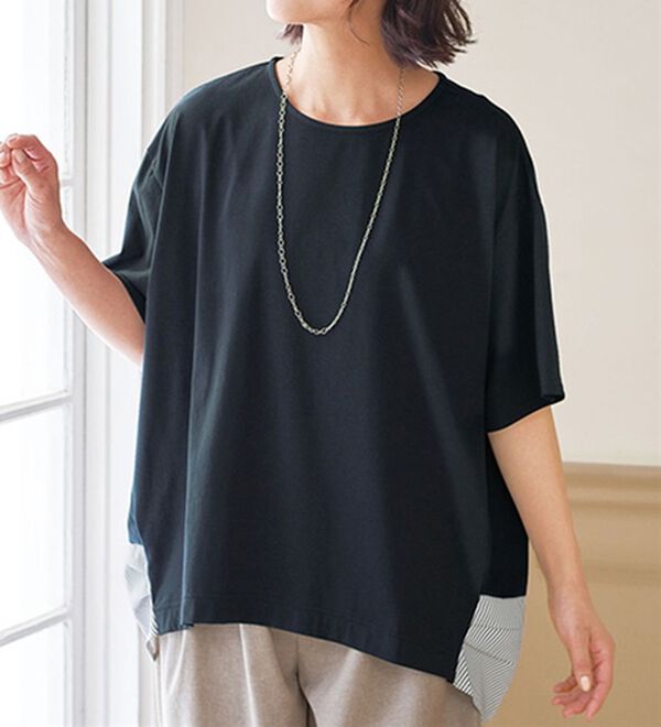 BELLUNA（ベルーナ）の「異素材チュニック（カットソー）」｜ネイビー／ストライプ