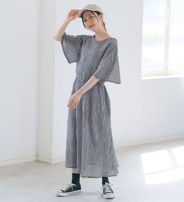 A HAPPY MARILYN（アハッピーマリリン）の「風通る 綿 楊柳 フレア袖 ウエストゴム ワンピース（カットソーワンピース）」｜詳細画像