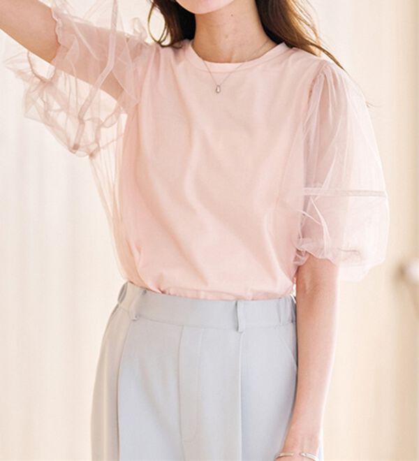 RANAN（ラナン）の「【ひんやり】チュールレイヤードパフスリーブTシャツ（カットソー）」｜詳細画像
