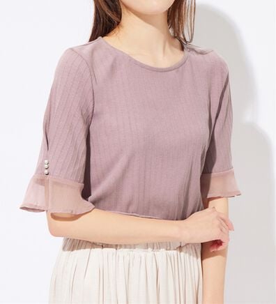 alotta（アロッタ）の「パール調ボタン付テレコリブトップス（カットソー）」