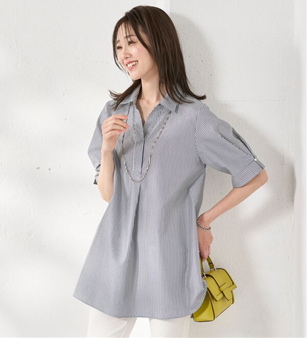 BELLUNA（ベルーナ）の「【接触冷感】麻調素材袖パール付シャツチュニック（チュニック）」｜詳細画像