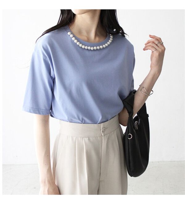 GeeRA（ジーラ）の「コットン天竺パール付デザイントップス（Tシャツ）」｜詳細画像