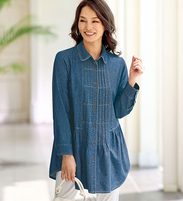 BELLUNA（ベルーナ）の「《春の旅行に便利！》デニム素材デザインオーバーブラウス（チュニック）」｜詳細画像