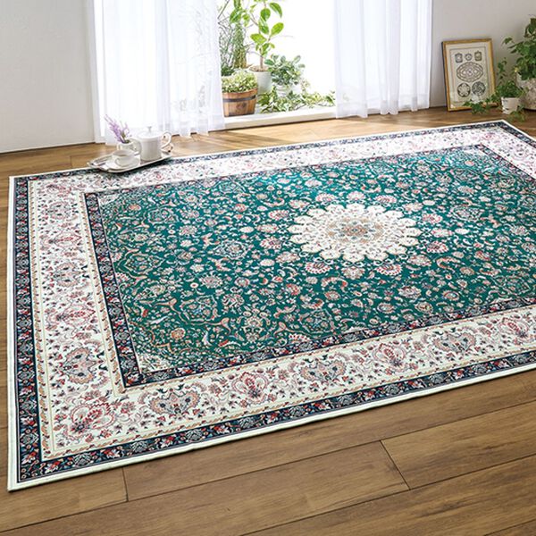 「厚みが選べる高級柄プリントはっ水カーペット（カーペット）」｜ダークグリーン