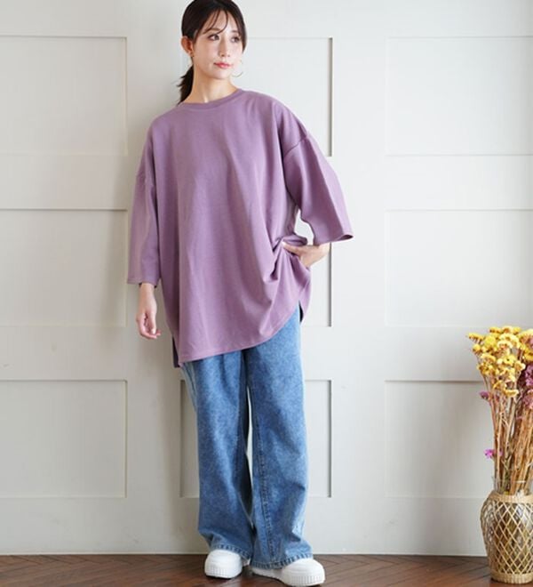 A HAPPY MARILYN（アハッピーマリリン）の「【Ｍ～８Ｌ／選べる袖丈】綿トレーナーライクビッグシルエットＴシャツ（Tシャツ）」｜詳細画像