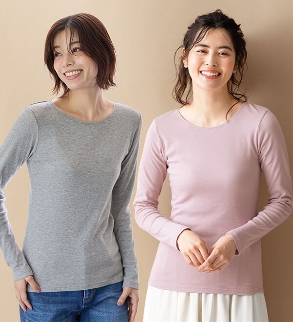 LAVIENNE（ラヴィエンヌ）の「【医師オススメ】綿１００％吸湿発熱あったかインナー　クルーネックインナー長袖（肌着・インナーウェア）」｜詳細画像