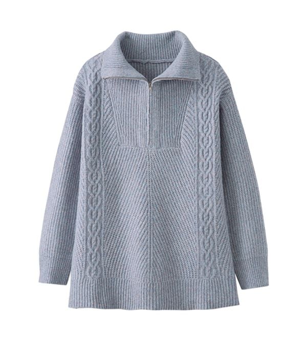 BELLUNA（ベルーナ）の「ハーフジップ使い編地切替ニットチュニック（チュニック）」｜ライトブルー