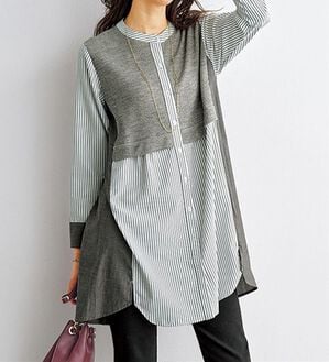 BELLUNA（ベルーナ）の「ストライプ&times;異素材切替シャツチュニック（チュニック）」｜杢グレー系