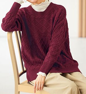 BELLUNA（ベルーナ）の「ゆったり着映える♪ケーブル柄編地変化セーター（ニット・セーター）」｜ワイン