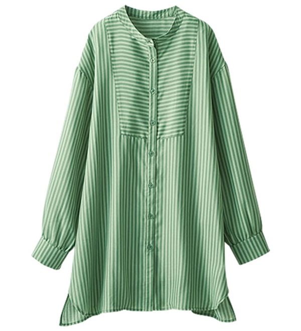 BELLUNA（ベルーナ）の「お手入れ簡単！ストライプ切替シャツチュニック（チュニック）」｜セージ系