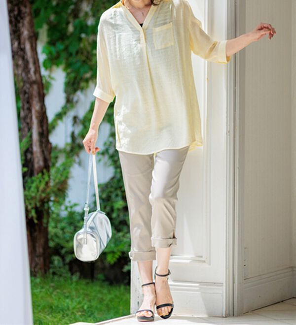 BELLUNA（ベルーナ）の「ヒンヤリ&times;サラリ速乾！綿サテンストレッチ裾リボンクロップドパンツ（クロップドパンツ）」｜詳細画像