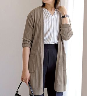 BELLUNA（ベルーナ）の「リブデザインロングカーディガン（ニットカーディガン）」｜モカ