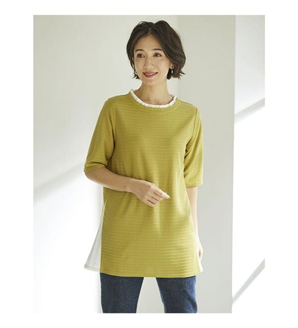 BELLUNA（ベルーナ）の「ひんやり冷感！タックジャカード素材重ね着風プルオーバー（カットソー）」｜詳細画像