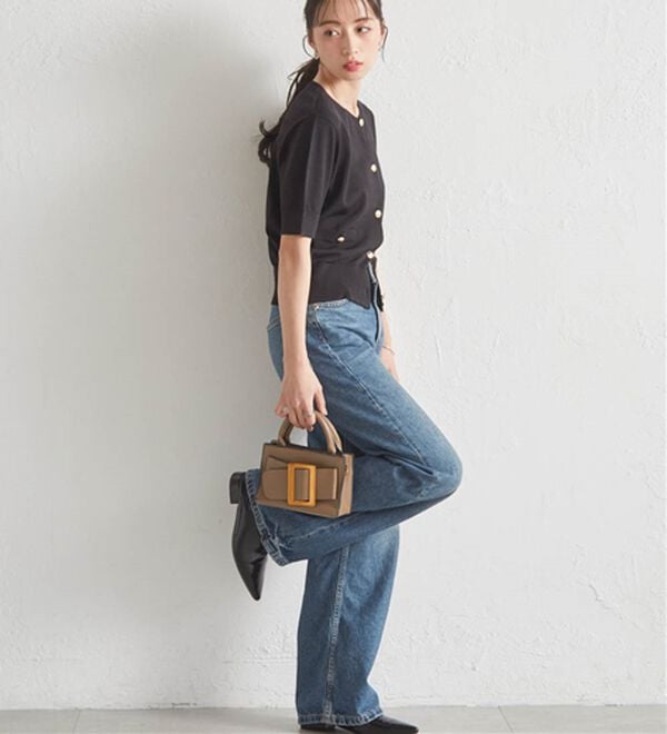 RANAN（ラナン）の「ゴールド調ボタン5分袖ニットカーデ（ニットカーディガン）」｜詳細画像