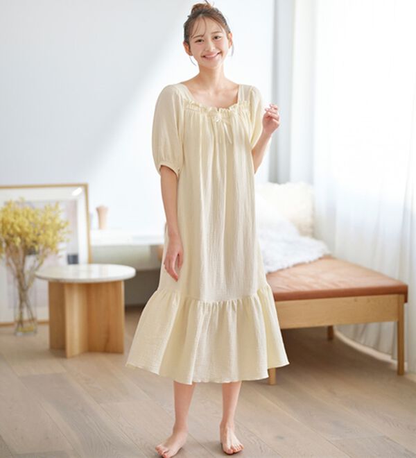 YU'NOW（ユナウ）の「【カップ付】Ｗガーゼの湯上りワンピース（パジャマ・ルームウェア）」｜詳細画像