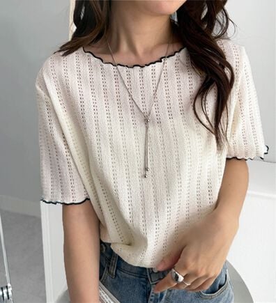 RANAN（ラナン）の「インせず着られる！透かし柄メロー配色Ｔシャツ（カットソー）」