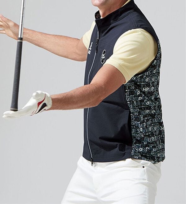 「＜ハッシュパピー・ゴルフ＞異素材切替ストレッチ総柄ベスト（メンズベスト）」｜詳細画像