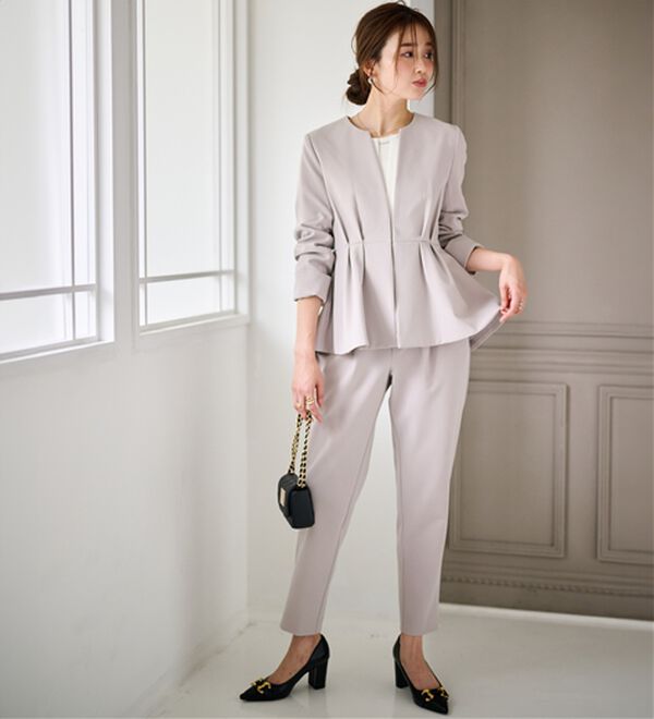 RANAN（ラナン）の「【２点セット】防シワ！ノーカラーペプラムパンツスーツ（パンツスーツ）」｜詳細画像