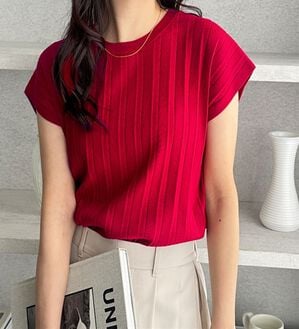 GeeRA（ジーラ）の「プリーツ編フレンチスリーブリブトップス（ニット・セーター）」｜レッド