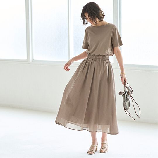 異素材ドッキングギャザーワンピース