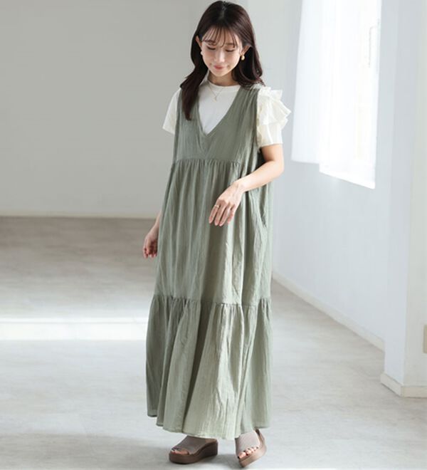 A HAPPY MARILYN（アハッピーマリリン）の「【Ｌ～６Ｌ】【風通るプレミアム】ウエストギャザーＶネックノースリーブワンピース（ロングワンピース）」｜詳細画像