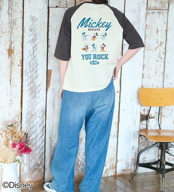 Disney＞【ミッキー】バックプリント7分丈ラグランTシャツ
