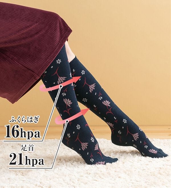 2足組】＜日本製＞おしゃれなフラワー着圧ハイソックス - ベルーナ