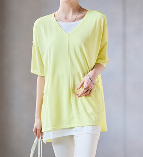 RANAN（ラナン）の「レイヤード風ニットソー半袖チュニック（チュニック）」｜詳細画像