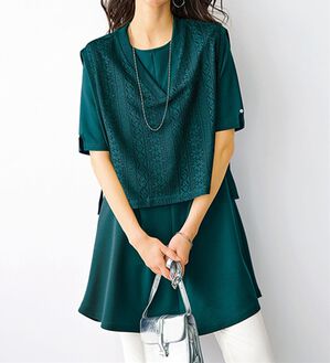 BELLUNA（ベルーナ）の「幾何柄レースベスト付チュニックワンピース（アンサンブル）」｜ターコイズ