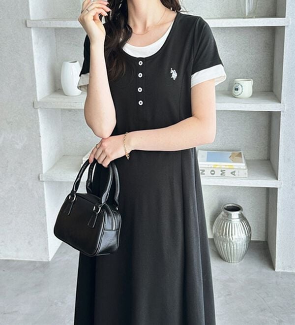 GeeRA（ジーラ）の「【ＵＳ．ＰＯＬＯ．ＡＳＳＮ】レイヤード風ヘンリーネック半袖ワンピース（カットソーワンピース）」｜詳細画像