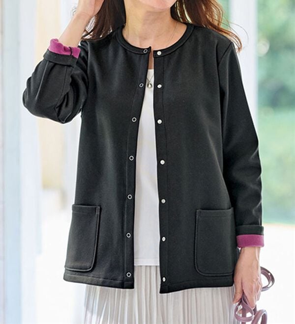 BELLUNA（ベルーナ）の「パチパチしにくい！静電気防止裏フリース配色カーディガン（その他カーディガン）」｜黒系