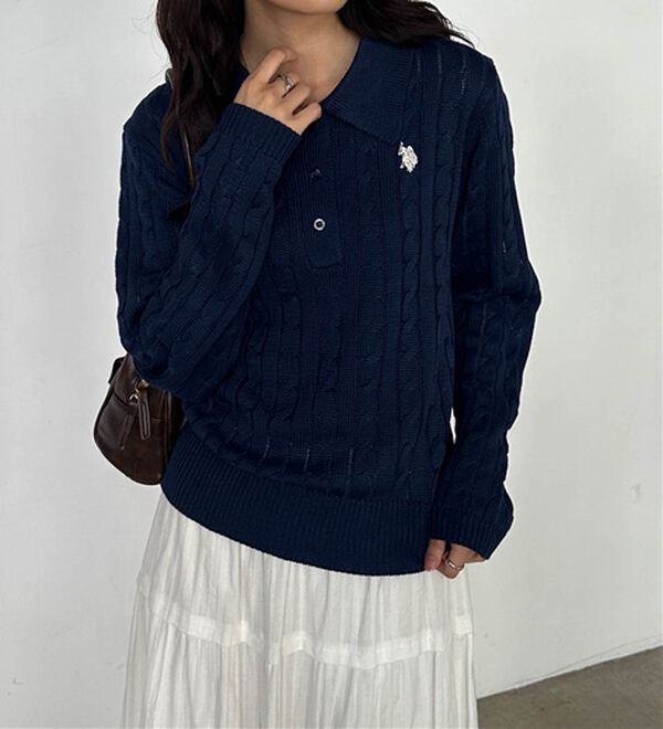 RANAN（ラナン）の「＜U.S.POLO ASSN.＞刺繍長袖ケーブルポロニット（ニット・セーター）」｜詳細画像