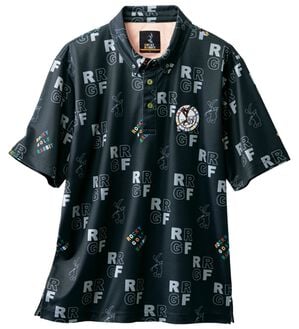 「＜ロッキーラビット＞ゴルフデザイン総柄ポロシャツ（メンズポロシャツ）」｜ブラック