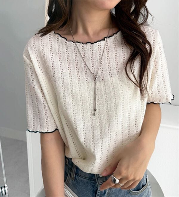 RANAN（ラナン）の「透かし柄メロー配色Ｔシャツ（カットソー）」｜アイボリー