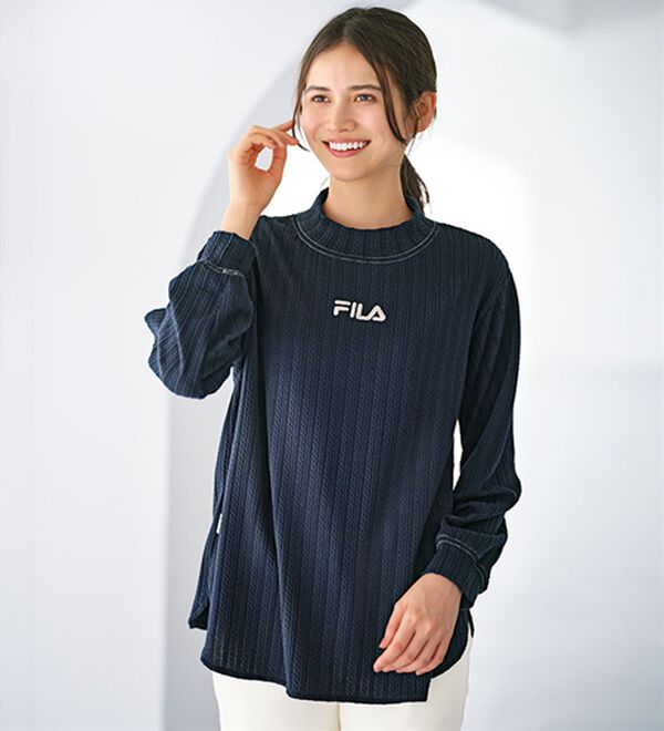 BELLUNA（ベルーナ）の「＜ＦＩＬＡ＞ケーブル柄ジャカード素材配色使いプルオーバー（カットソー）」｜ネイビー