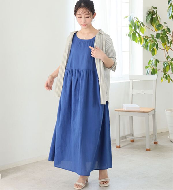 A HAPPY MARILYN（アハッピーマリリン）の「【Ｌ～６Ｌ】【風通るプレミアム】綿・楊柳、五分袖ウエスト切替ワンピース。（ロングワンピース）」｜詳細画像