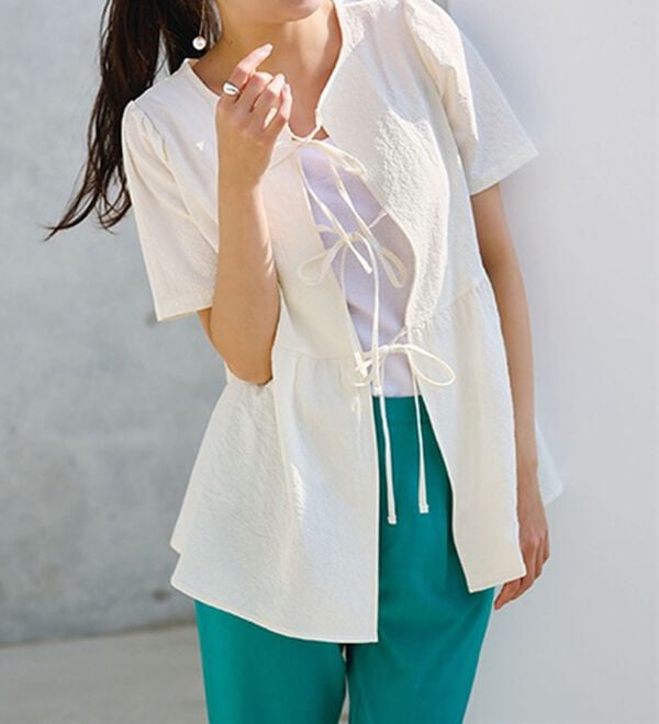 RANAN（ラナン）の「ひんやり！前後２ＷＡＹリボンデザインブラウス（ブラウス）」｜アイボリー