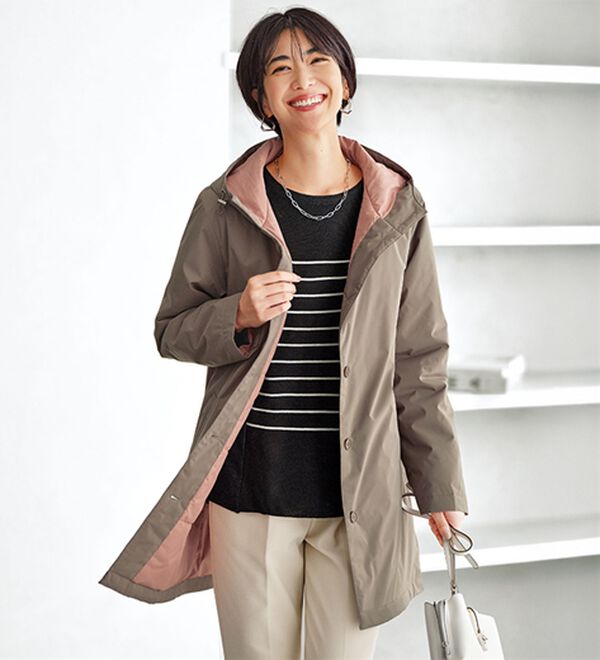 BELLUNA（ベルーナ）の「軽量&times;防風！配色使い中わたコート（ロングコート）」｜モカ&times;ピンク