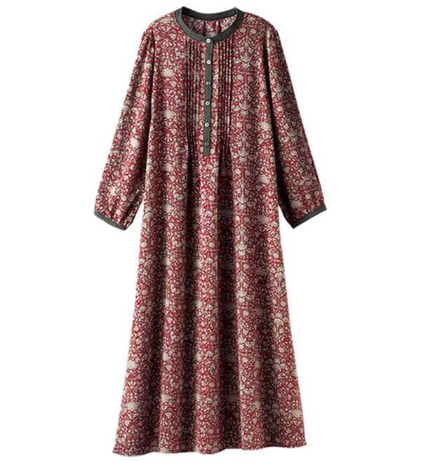 BELLUNA（ベルーナ）の「ビンテージ柄ピンタックデザインワンピース（その他ワンピース）」｜アラベスク(赤系)