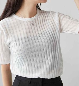 RANAN（ラナン）の「5分袖シアーラメリブニット（ニット・セーター）」｜オフホワイト