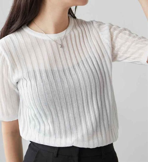 RANAN（ラナン）の「5分袖シアーラメリブニット（ニット・セーター）」｜オフホワイト