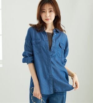 BELLUNA（ベルーナ）の「デニム素材ポケット付ゆったりシャツ（チュニック）」｜ブルー