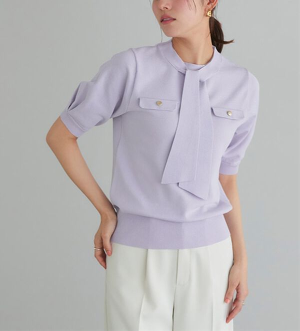 Pierrot（ピエロ）の「リネンタッチボウタイポケットニット（ニット・セーター）」｜ラベンダー