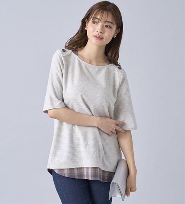 BELLUNA（ベルーナ）の「ひんやり冷感！タックジャカード素材重ね着風プルオーバー（カットソー）」｜詳細画像