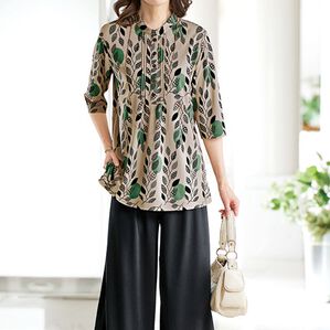 BELLUNA（ベルーナ）の「【３点セット】幾何柄プリントカットソー３点セットアップ（セットアップ）」｜ベージュ系／黒