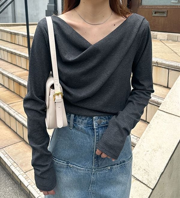 RANAN（ラナン）の「【春色追加】上品ドレープリブロングＴシャツ（カットソー）」｜詳細画像