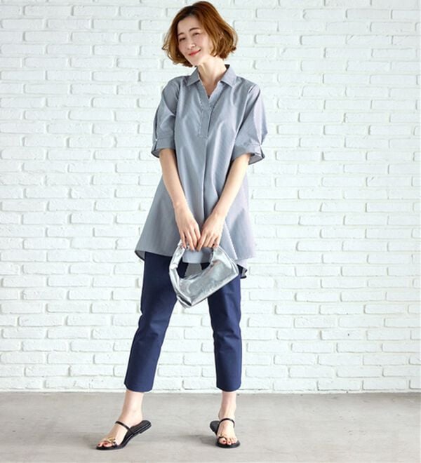 BELLUNA（ベルーナ）の「【接触冷感】麻調素材袖パール付シャツチュニック（チュニック）」｜詳細画像