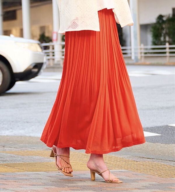 RANAN（ラナン）の「シフォンプリーツマキシスカート（ロングスカート）」｜オレンジレッド