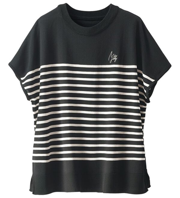 BELLUNA（ベルーナ）の「【快適Ｌａｂ．】シャリ冷！洗える多機能フレンチ袖ニットＴシャツ（ニット・セーター）」｜黒&times;オフ白