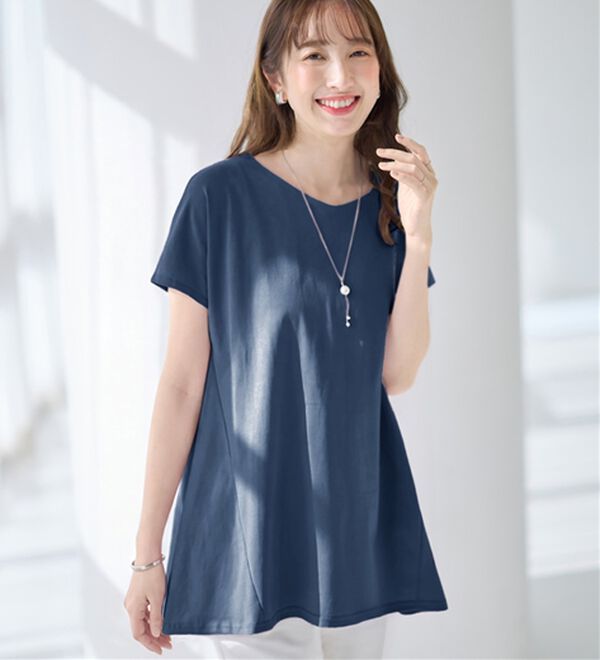 alotta（アロッタ）の「【接触冷感】細見え切替！ＡラインフレアチュニックＴシャツ（チュニック）」｜ブルー